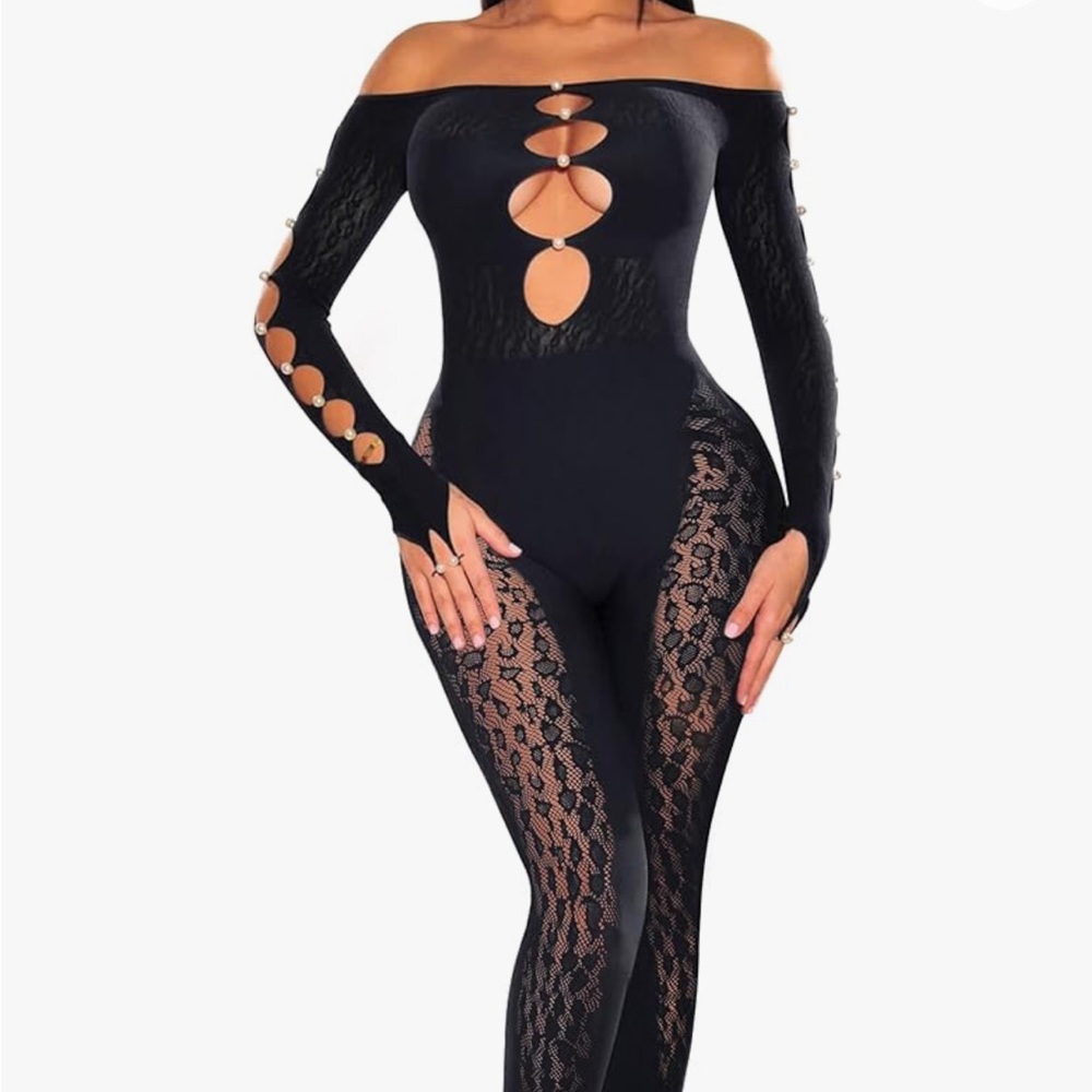💎FASHION NOVA💎Seamless Black Mesh Jumpsuit Diamond Detail